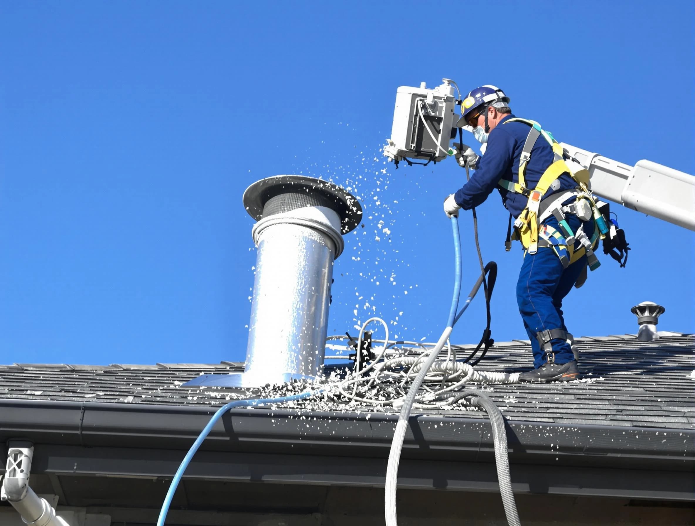 Penn Hills Dryer Vent Cleaning certified technician safely cleaning a roof-mounted dryer vent in Penn Hills