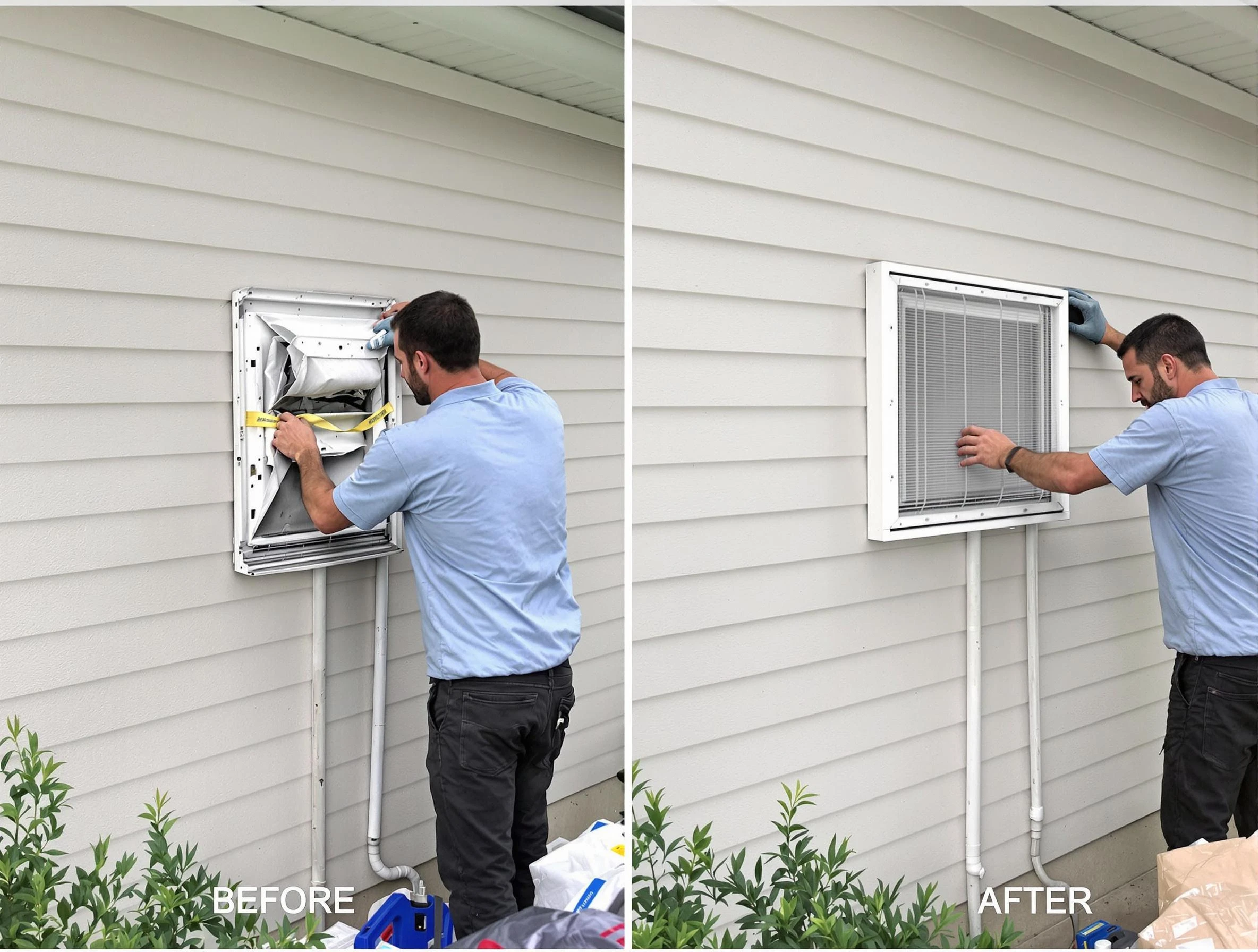 Penn Hills Dryer Vent Cleaning technician installing high-quality dryer vent cover at a residential property in Penn Hills